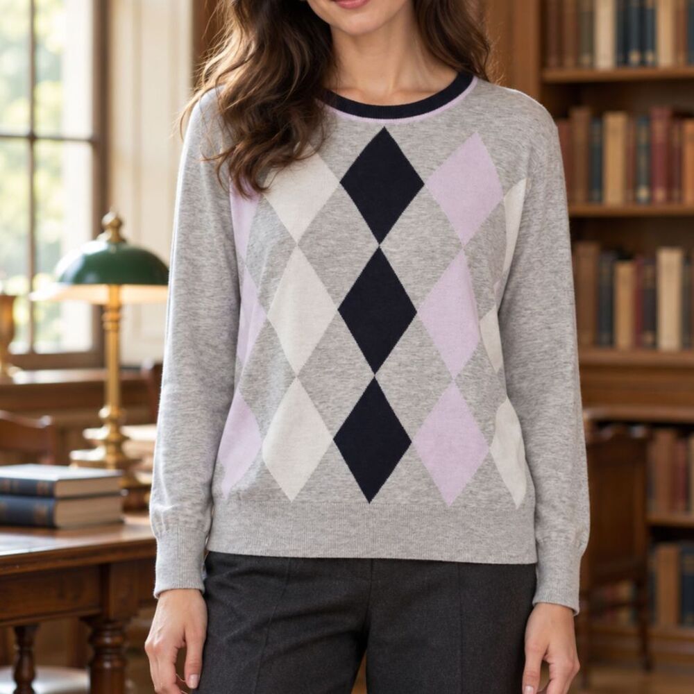 J.Crew Argyle Cotton Sweater Size XXS Gray Navy Lilac Academia Heritage Preppy